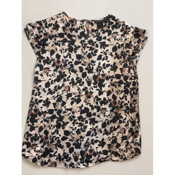 Ann Taylor Tops - Ann Taylor Womens XS Floral Cap Sleeve Blouse Pink Black Leaf Print Keyhole Back